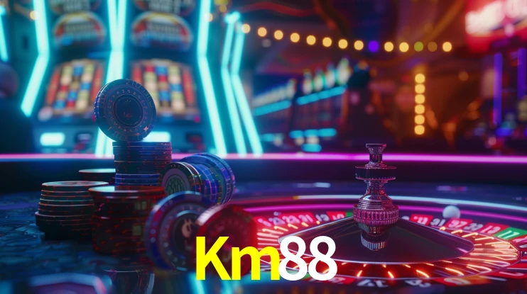 Escena dinámica inspirada en casino con iluminación Km88, cartas, fichas e íconos de juegos digitales en un espacio moderno de juegos.