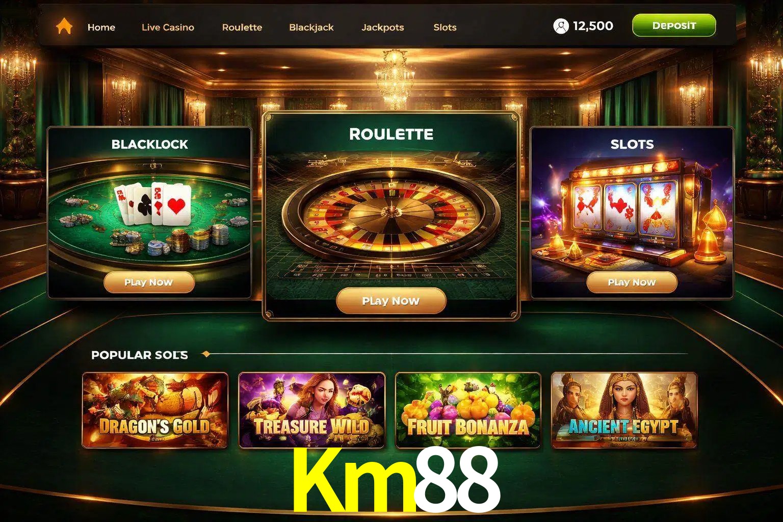 Vista de la plataforma Km88 Casino mostrando categorías organizadas de juegos en línea