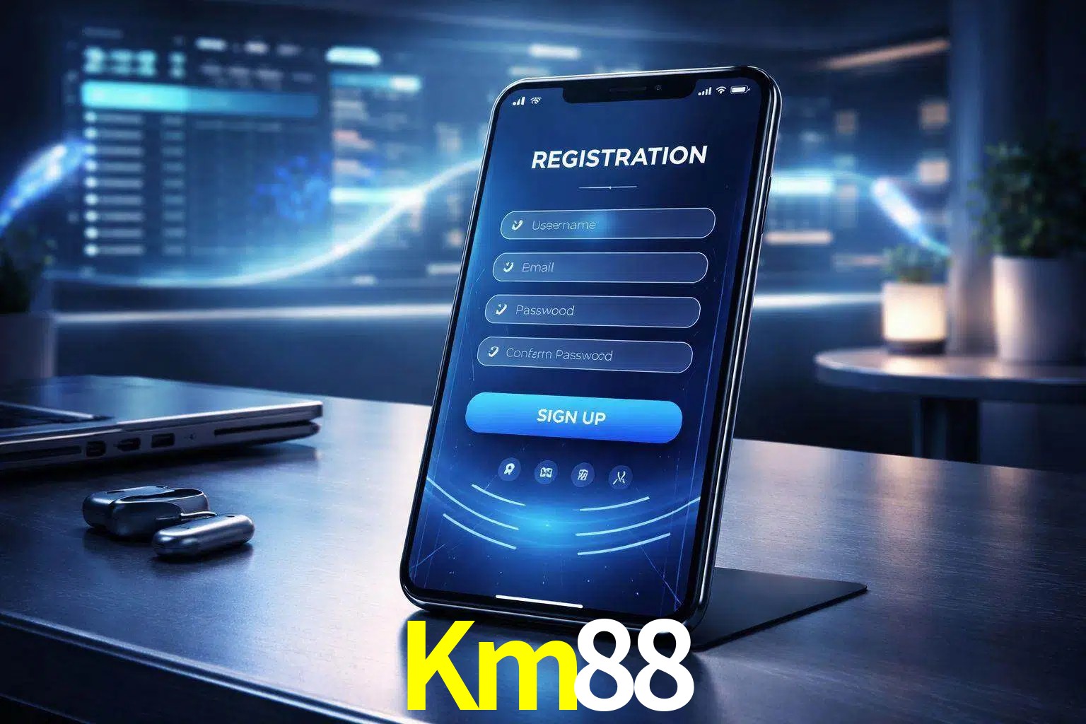 Una interfaz moderna de registro móvil para Km88 mostrada en un smartphone con un panel de apuestas elegante.